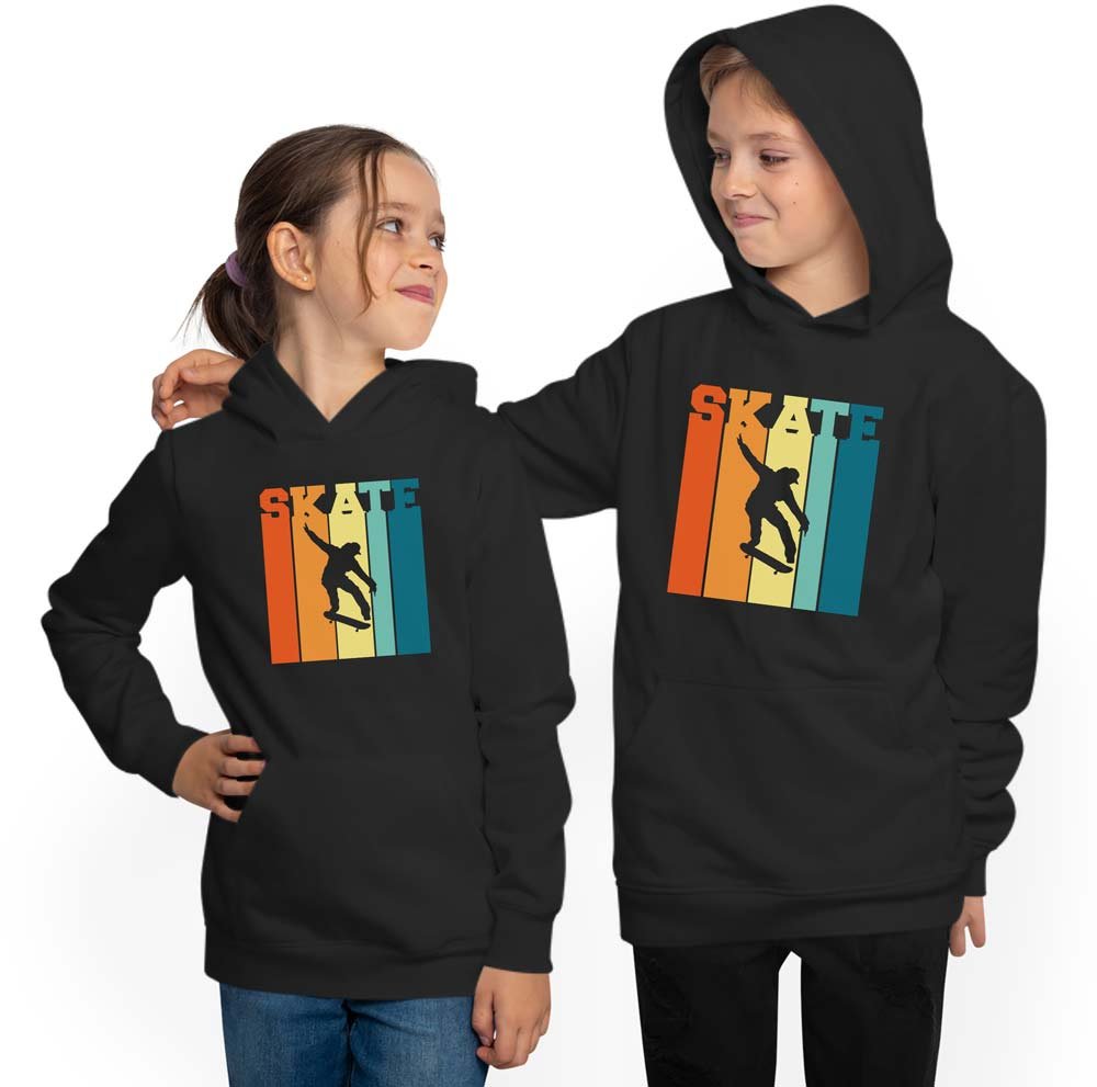 Hooded Skater Sweater Kids Hoodie - Jumping Retro Skater with Skate Lettering i546